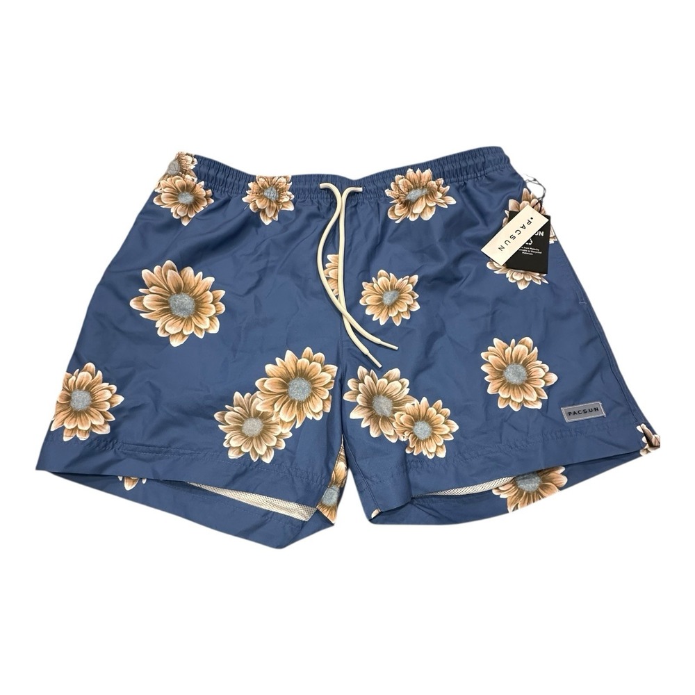 PacSun Mens Size Large Blue Yellow Cream Sunflower Lined Swim Trunks New
